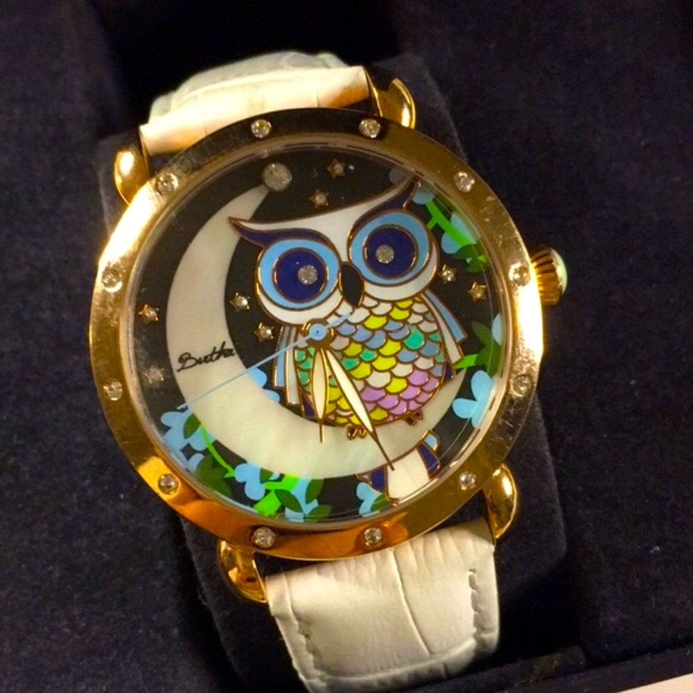 BRAND NEW BERTHA MOON OWL CRYSTALS N TILES- MOP DIAL- TURQUOISE CROWN- GORGEOUS